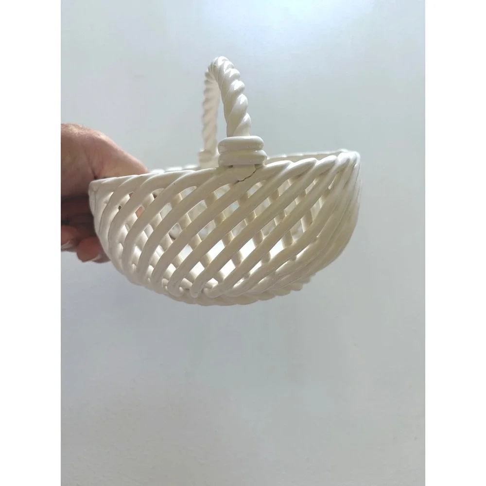 Vintage White Ceramic Lattice Basket Woven Openwork Twisted Handle Decor